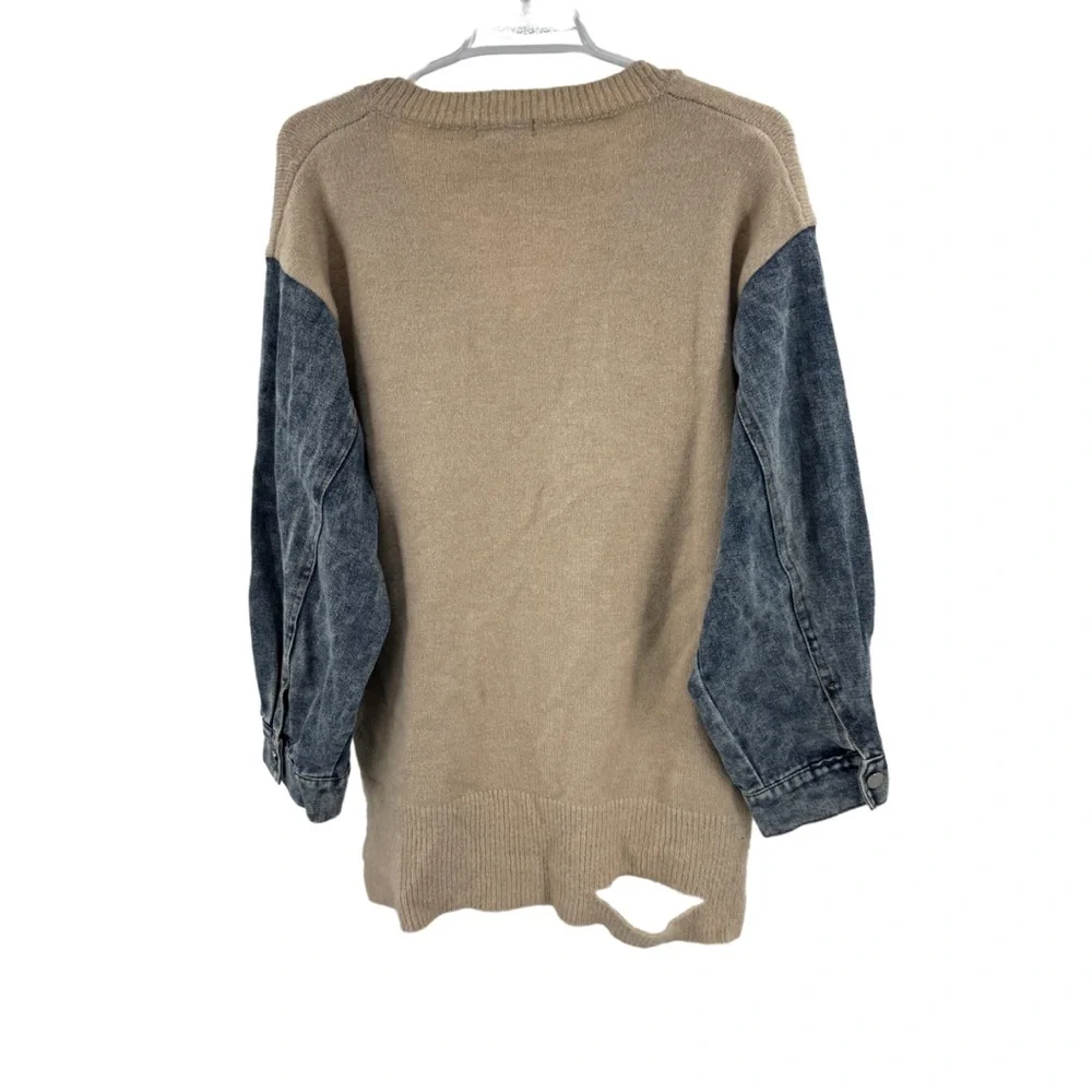 Entro Tan V-Neck denim sleeve contrast distressed sweater casual mixed material - Picture 2 of 13